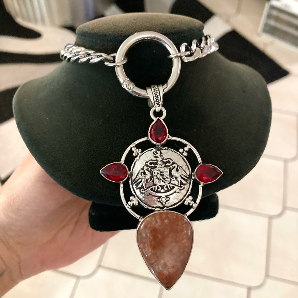 925 Sterling silver overlay orange brown agate & red garnet stones boho necklace - Picture 1 of 15